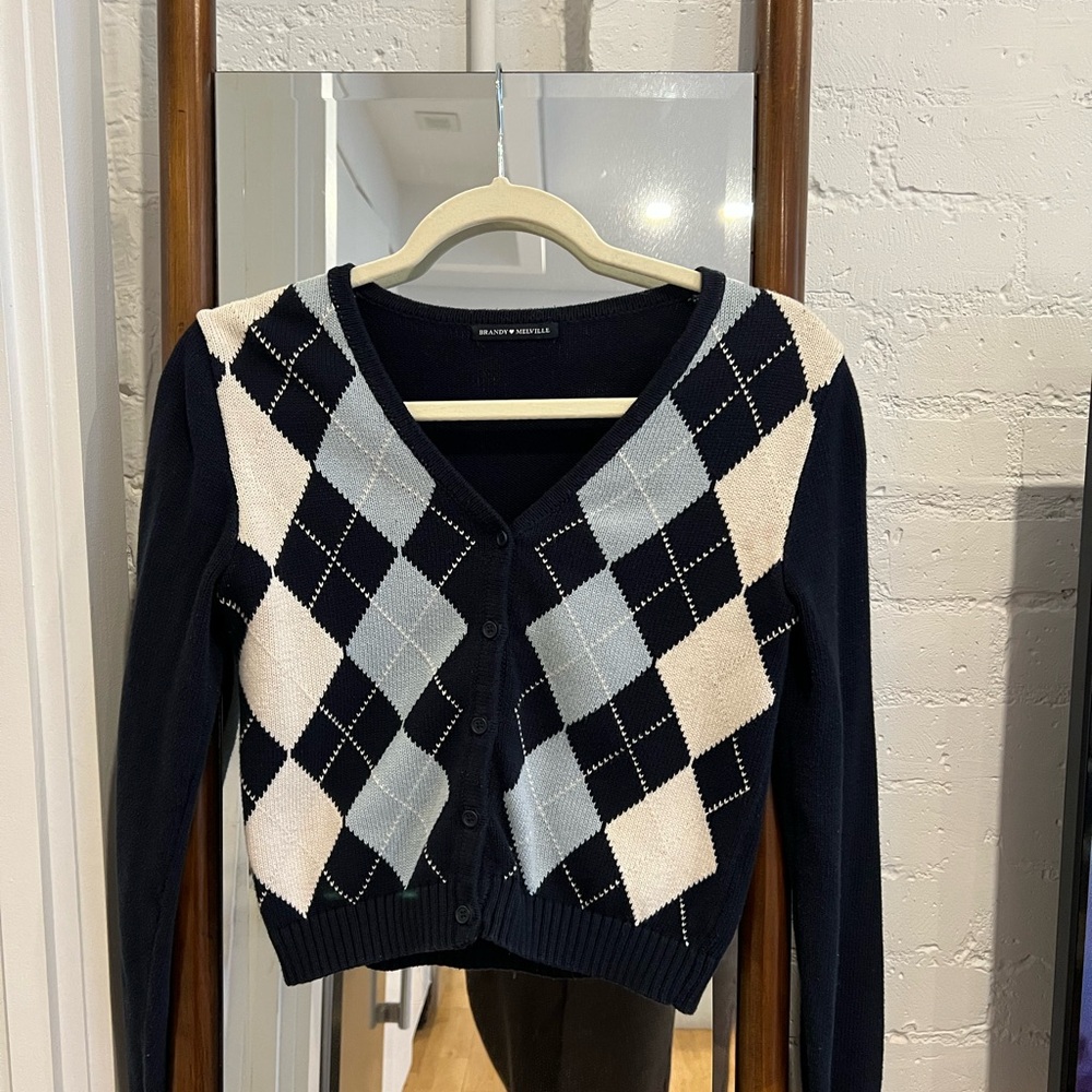 Brandy Melville Navy and White Argyle Cardigan